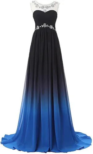 Lemai Long A Line Beaded Gradient Ombre Chiffon Formal Prom Evening Dresses