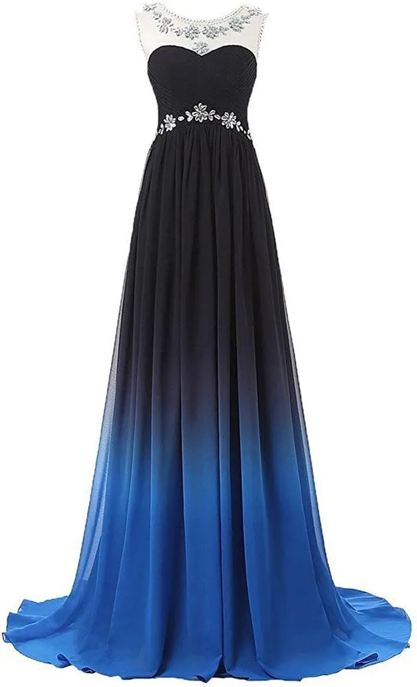 Lemai Long A Line Beaded Gradient Ombre Chiffon Formal Prom Evening Dresses