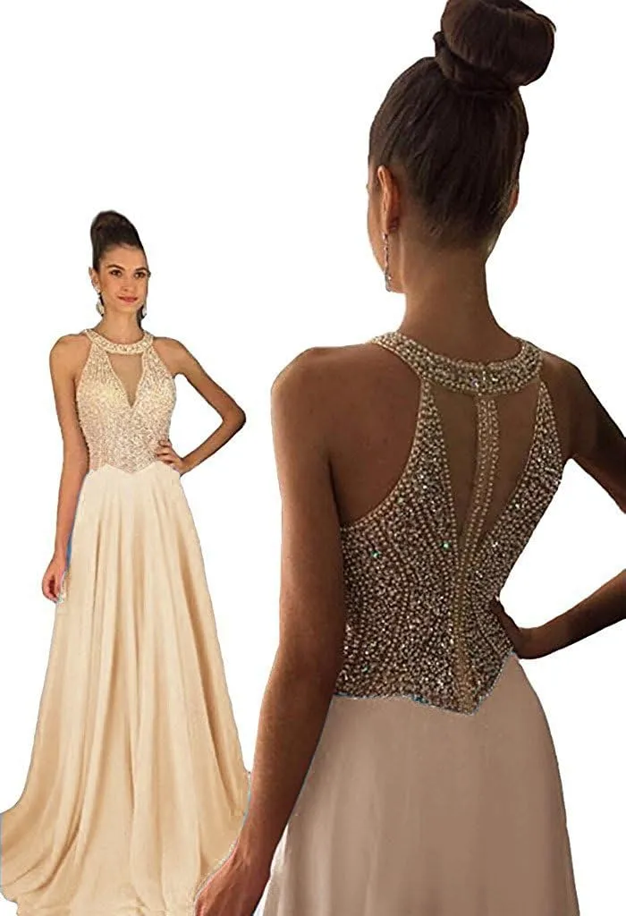 Lemai Sheer Beaded Pearls Halter Sleeveless Long Chiffon Prom Dress Evening Gowns