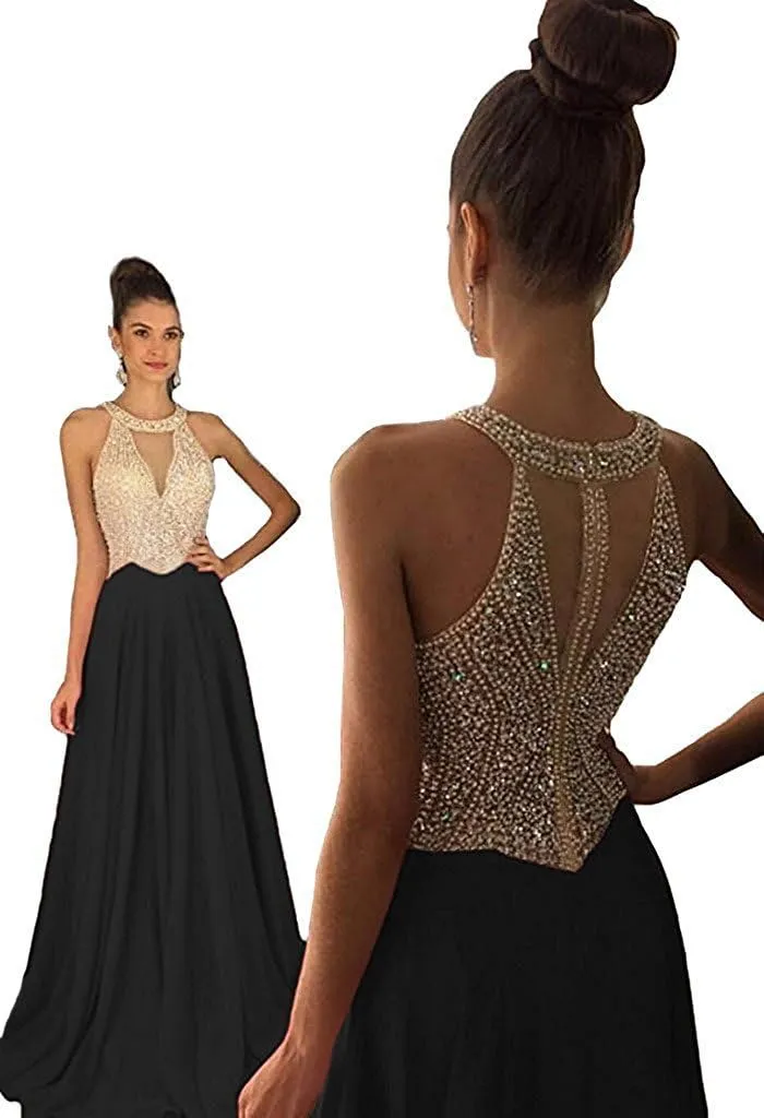 Lemai Sheer Beaded Pearls Halter Sleeveless Long Chiffon Prom Dress Evening Gowns