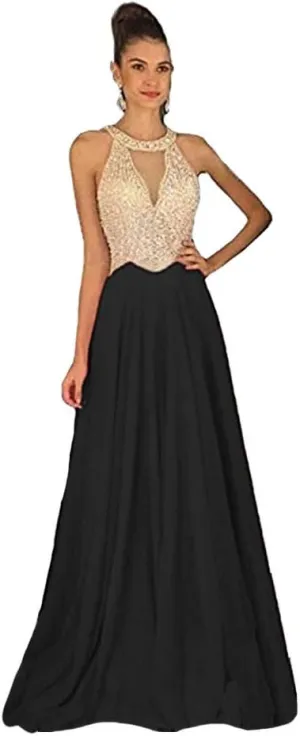 Lemai Sheer Beaded Pearls Halter Sleeveless Long Chiffon Prom Dress Evening Gowns