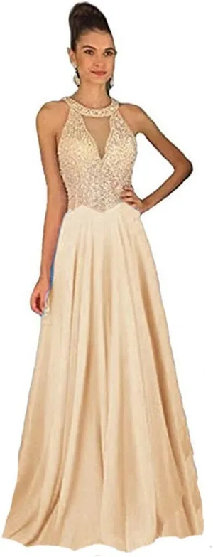 Lemai Sheer Beaded Pearls Halter Sleeveless Long Chiffon Prom Dress Evening Gowns
