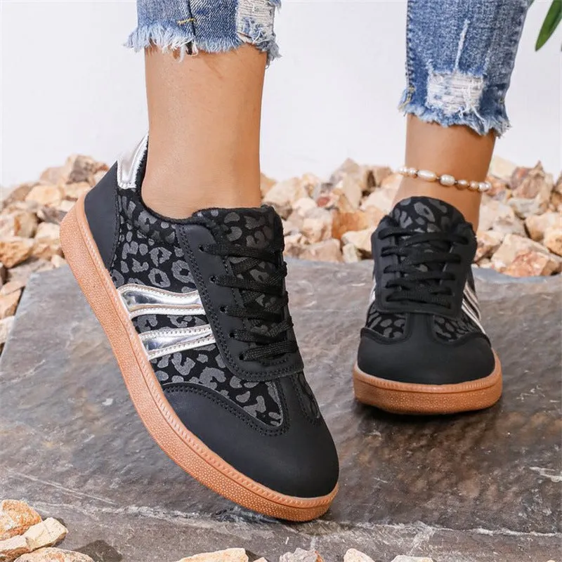Leopard Rubber Bottom Lace Up Athletic Sneakers with Gold Accents