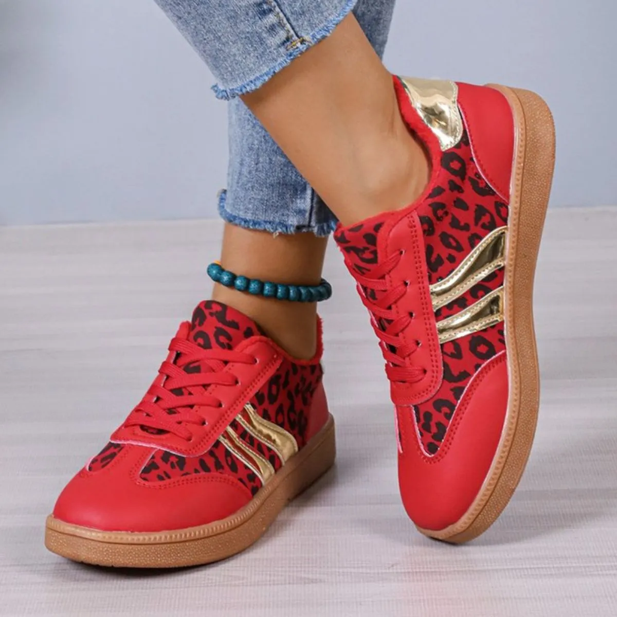 Leopard Rubber Bottom Lace Up Athletic Sneakers with Gold Accents