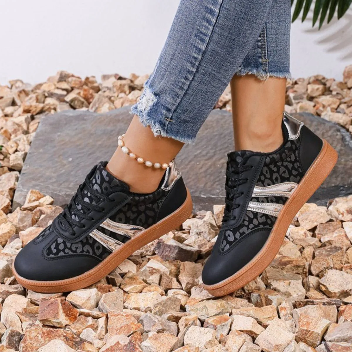 Leopard Rubber Bottom Lace Up Athletic Sneakers with Gold Accents