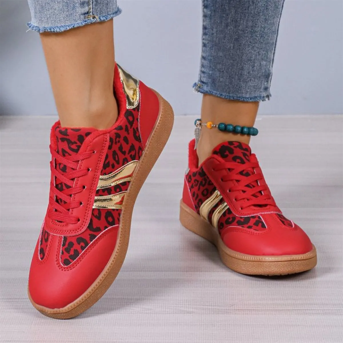 Leopard Rubber Bottom Lace Up Athletic Sneakers with Gold Accents