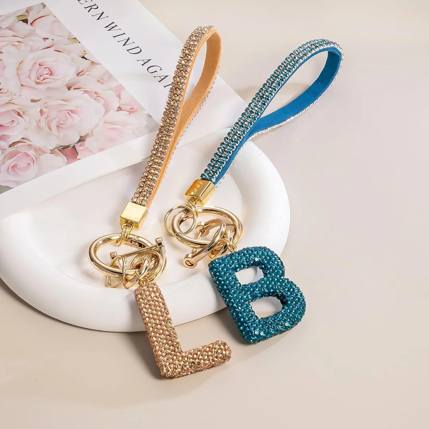 Letter Key Chains Crystal Key Lanyard Car Keychain for Women Initial Keychains Wristlet