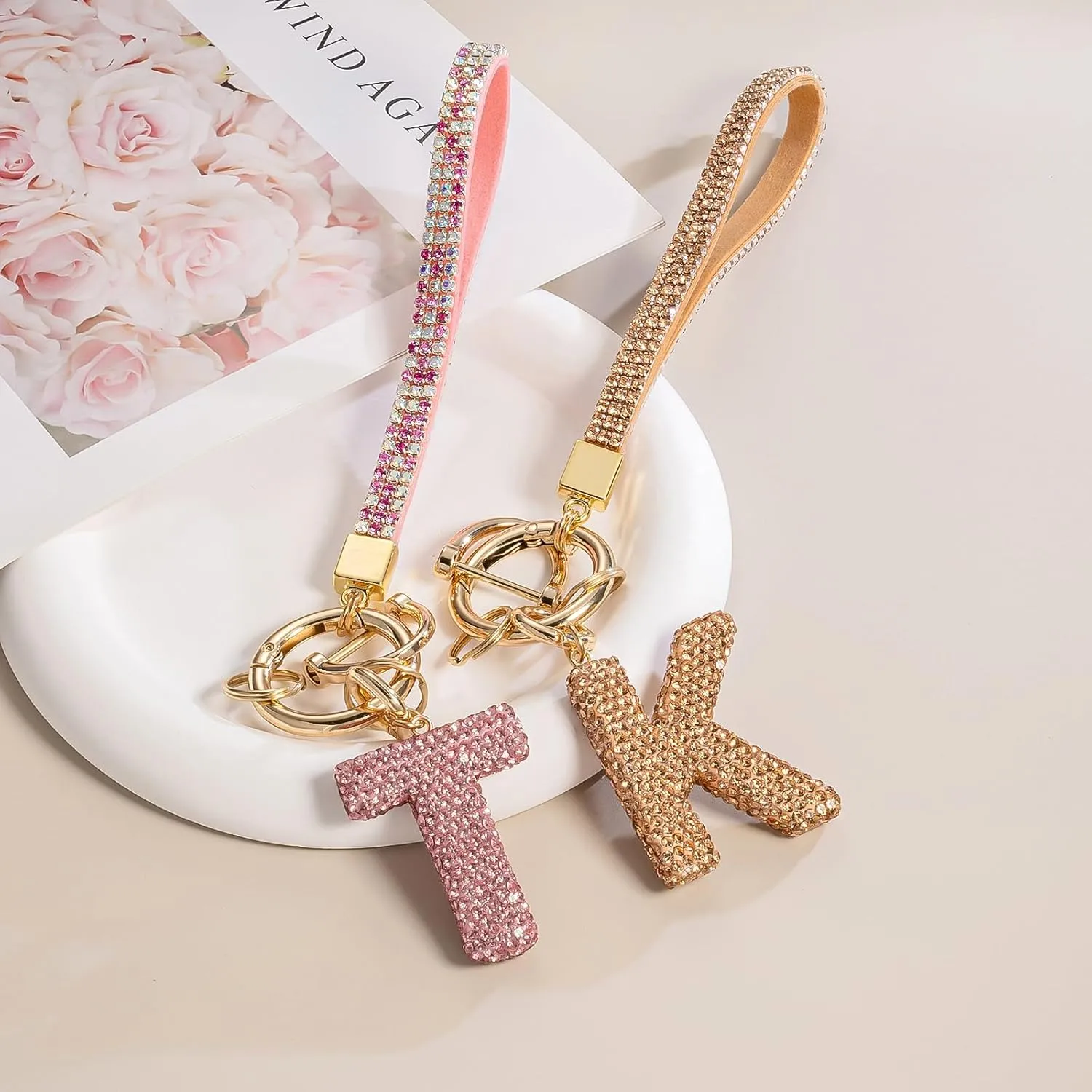 Letter Key Chains Crystal Key Lanyard Car Keychain for Women Initial Keychains Wristlet