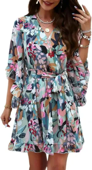 Lightweight Dress Floral Print V Neck Vacation Dress with Lace-Up Belt Ruffle Detail Women's A-Line Mini Dress Summer Beach