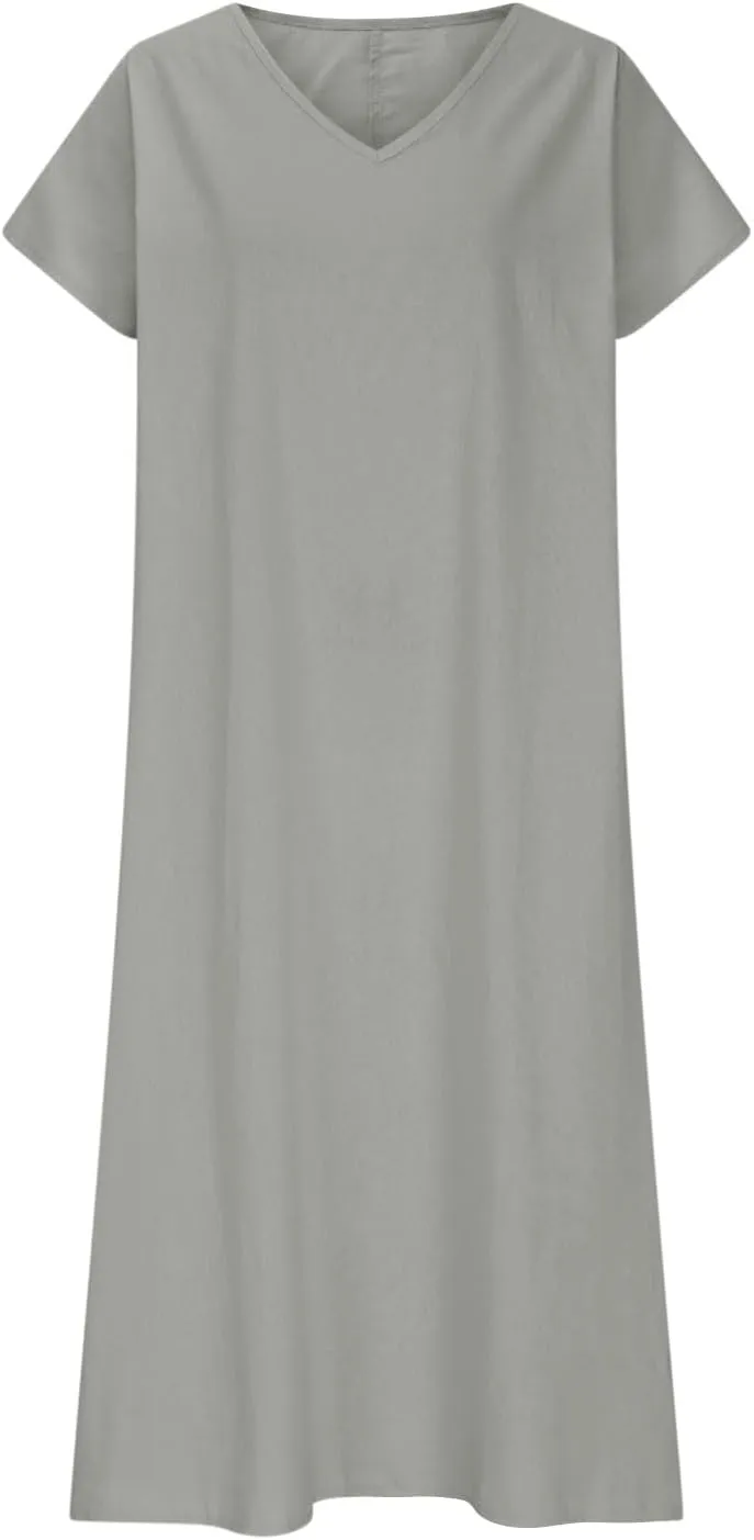 Linen Dresses for Women Short Sleeve V-Neck Beach Sundresses Lightweight Flowy Loose Summer Midi Dress
