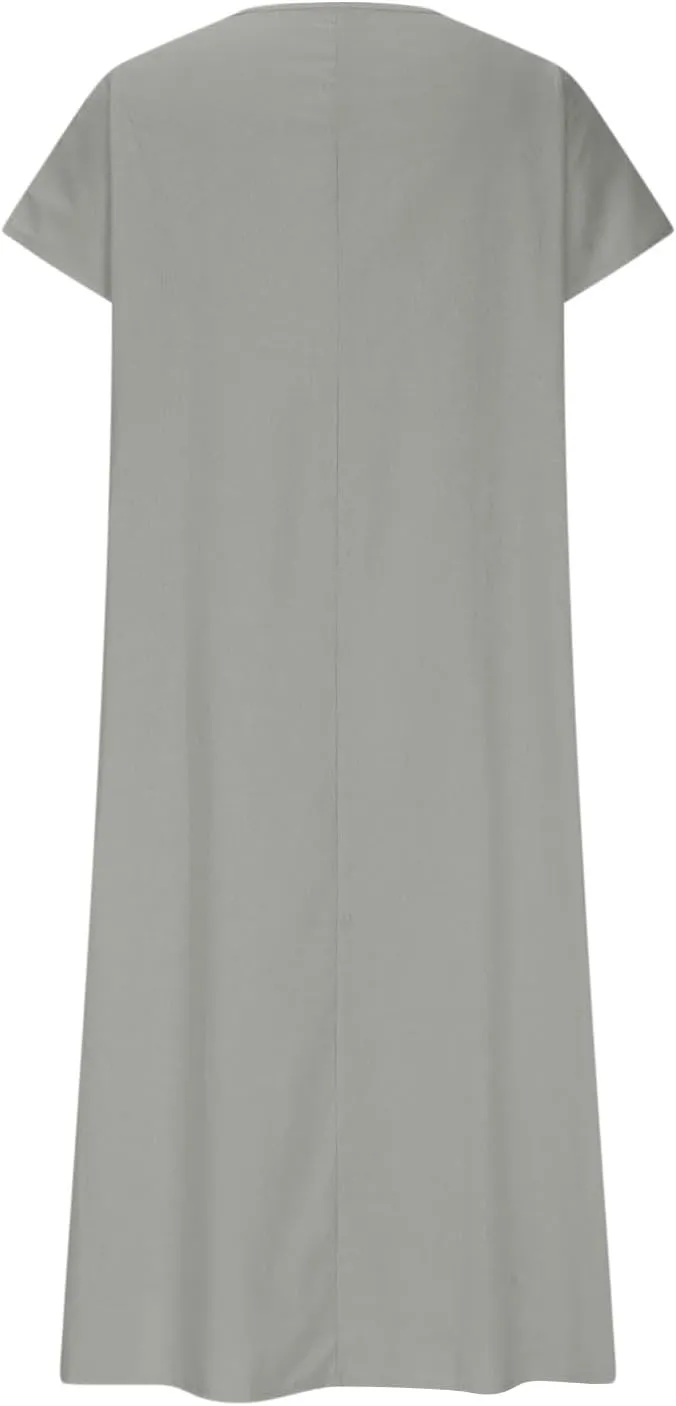 Linen Dresses for Women Short Sleeve V-Neck Beach Sundresses Lightweight Flowy Loose Summer Midi Dress
