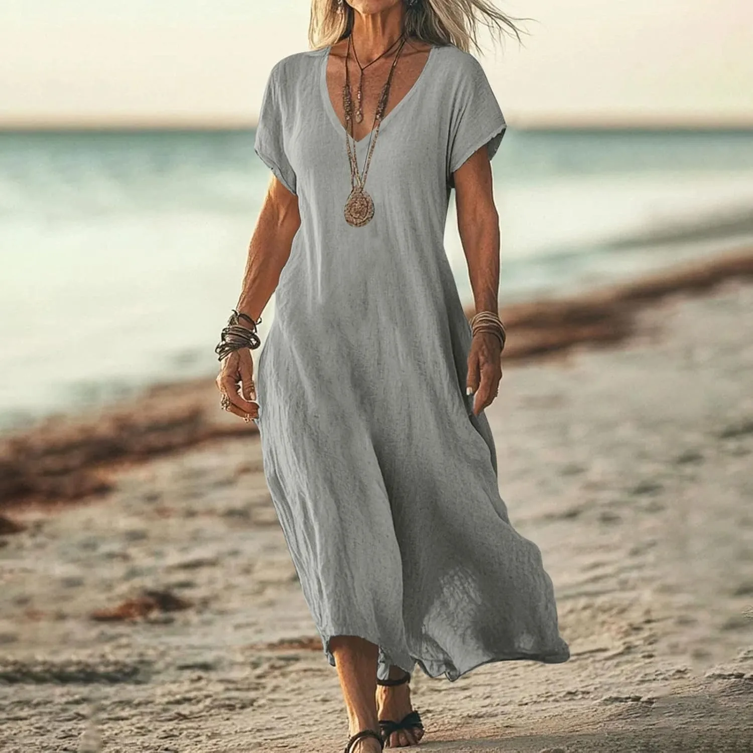 Linen Dresses for Women Short Sleeve V-Neck Beach Sundresses Lightweight Flowy Loose Summer Midi Dress