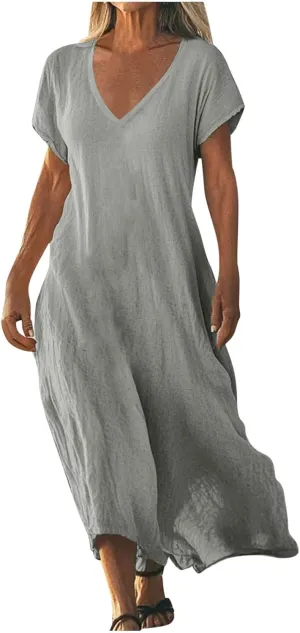 Linen Dresses for Women Short Sleeve V-Neck Beach Sundresses Lightweight Flowy Loose Summer Midi Dress