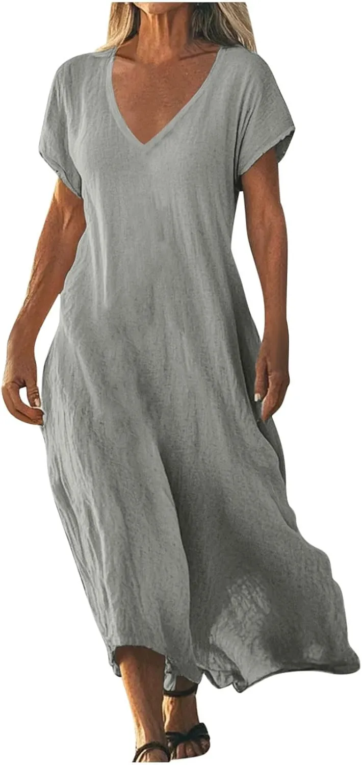 Linen Dresses for Women Short Sleeve V-Neck Beach Sundresses Lightweight Flowy Loose Summer Midi Dress