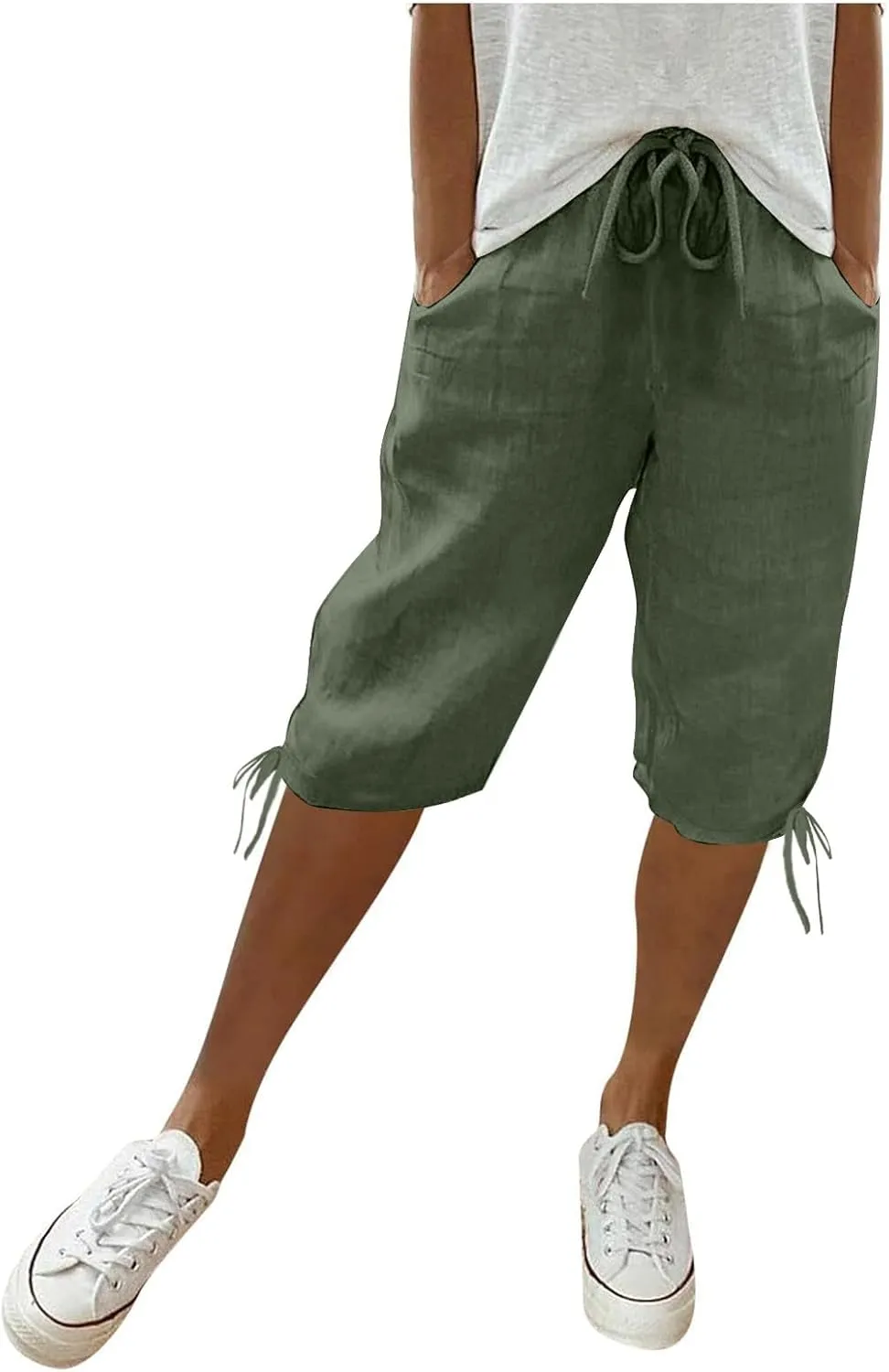 Linen Pants Women Summer Pants Ladies Loose Drawstring Casual Solid Color Shorts Wide Leg Casual Cotton Linen Pants
