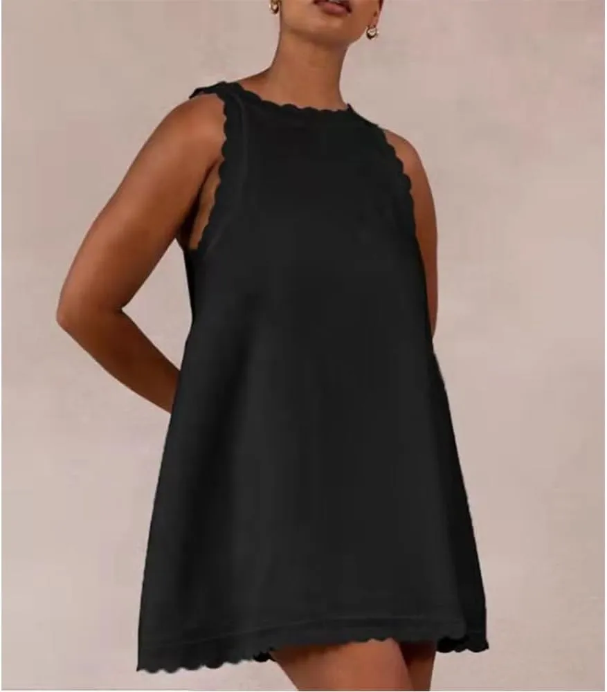 LOAIHA Linen Tank Tops for Women Summer Mini Sundress Loose Fit Sleeveless Tunic Tops Plus Size Stylish Lace Hem Tunic Dress