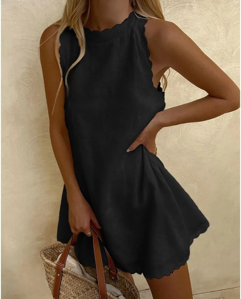 LOAIHA Linen Tank Tops for Women Summer Mini Sundress Loose Fit Sleeveless Tunic Tops Plus Size Stylish Lace Hem Tunic Dress