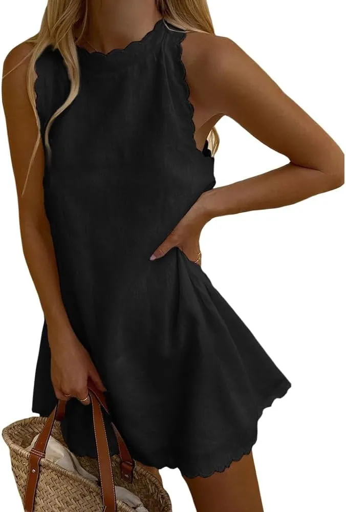 LOAIHA Linen Tank Tops for Women Summer Mini Sundress Loose Fit Sleeveless Tunic Tops Plus Size Stylish Lace Hem Tunic Dress