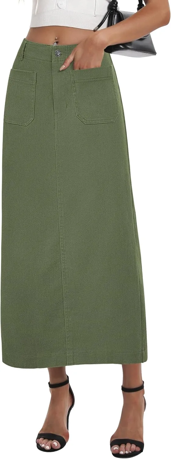Long Denim Skirt for Women Stretch Maxi Skirt with Back Slit High Waisted Pencil Jean Skirt with Pockets Casual