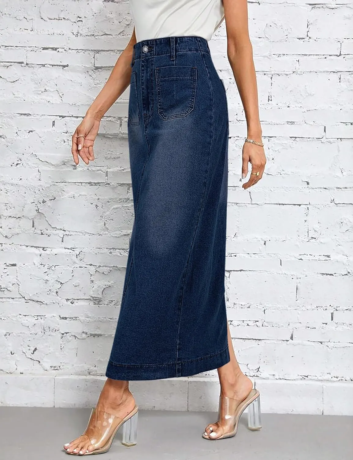 Long Denim Skirt for Women Stretch Maxi Skirt with Back Slit High Waisted Pencil Jean Skirt with Pockets Casual