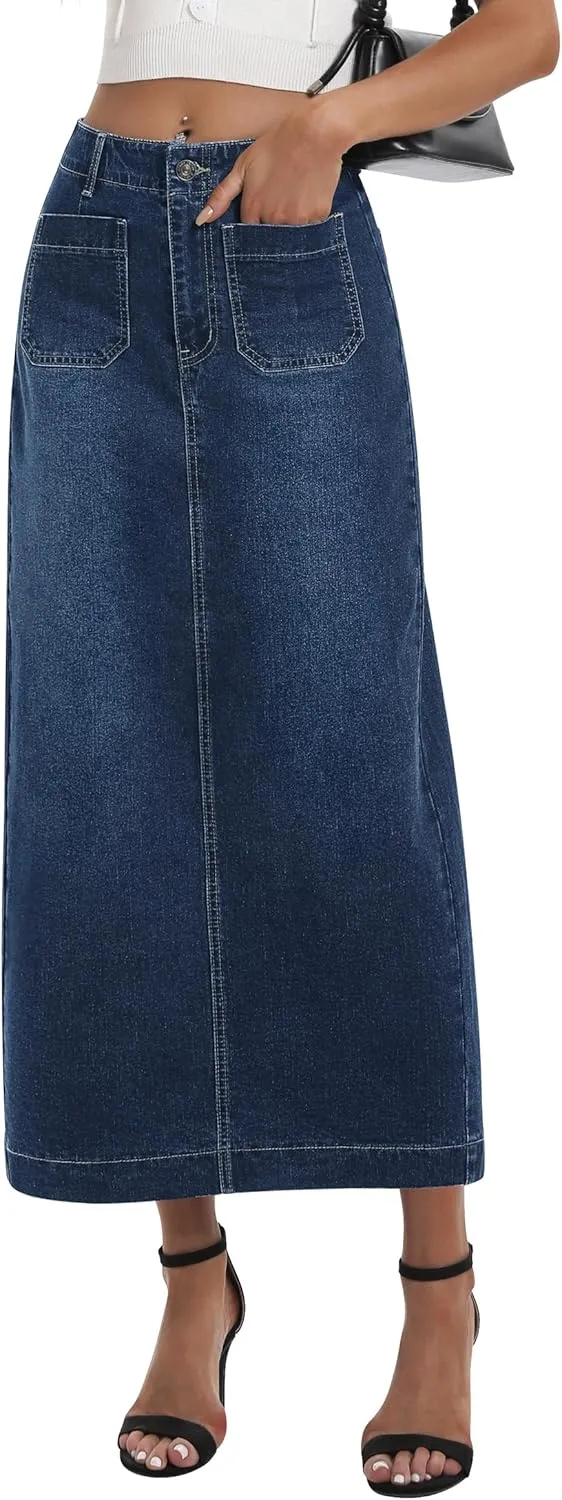 Long Denim Skirt for Women Stretch Maxi Skirt with Back Slit High Waisted Pencil Jean Skirt with Pockets Casual