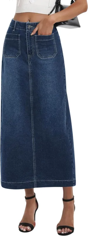 Long Denim Skirt for Women Stretch Maxi Skirt with Back Slit High Waisted Pencil Jean Skirt with Pockets Casual