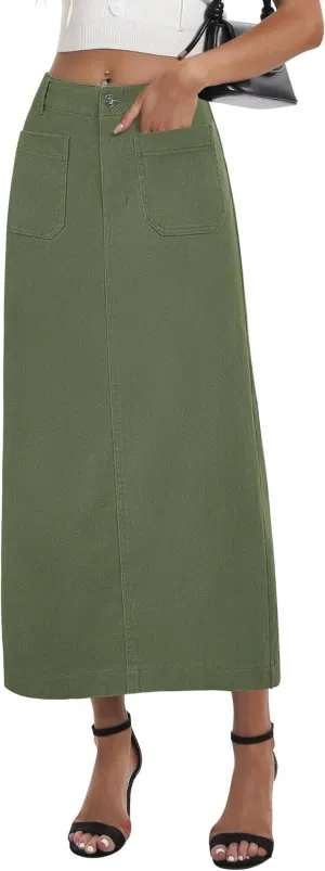 Long Denim Skirt for Women Stretch Maxi Skirt with Back Slit High Waisted Pencil Jean Skirt with Pockets Casual