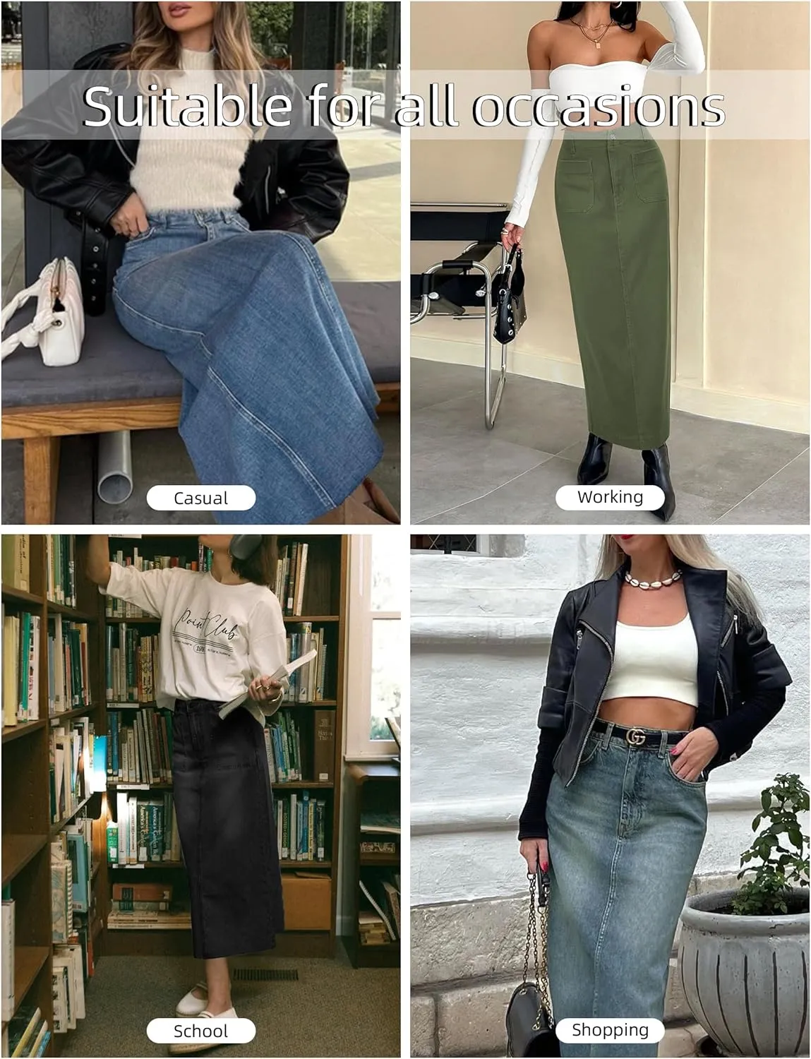 Long Denim Skirt for Women Stretch Maxi Skirt with Back Slit High Waisted Pencil Jean Skirt with Pockets Casual
