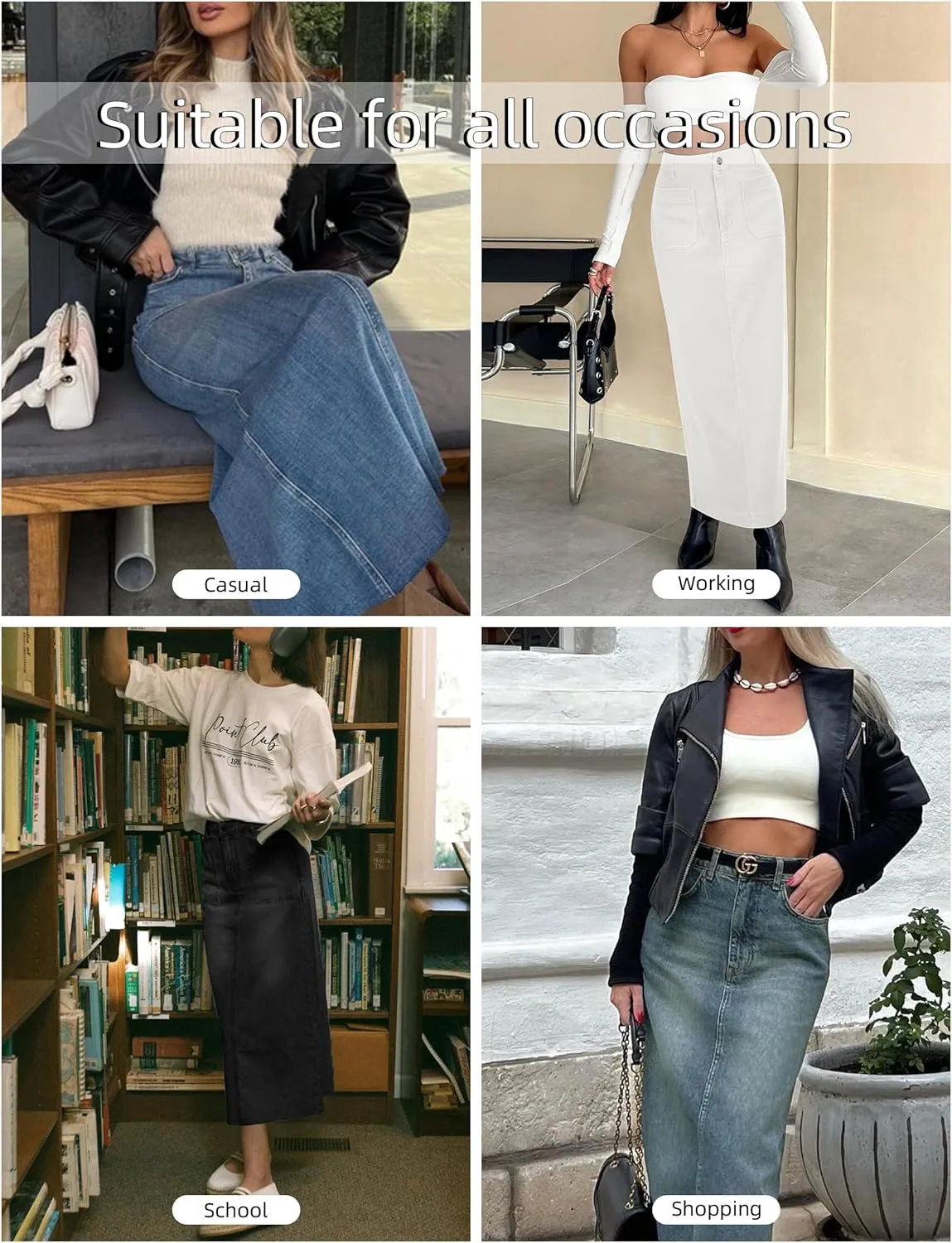 Long Denim Skirt for Women Stretch Maxi Skirt with Back Slit High Waisted Pencil Jean Skirt with Pockets Casual