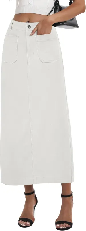 Long Denim Skirt for Women Stretch Maxi Skirt with Back Slit High Waisted Pencil Jean Skirt with Pockets Casual