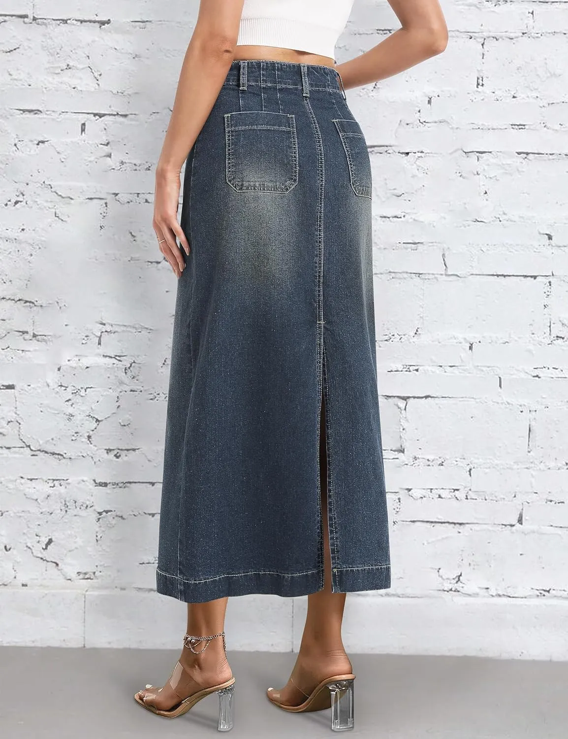 Long Denim Skirt for Women Stretch Maxi Skirt with Back Slit High Waisted Pencil Jean Skirt with Pockets Casual