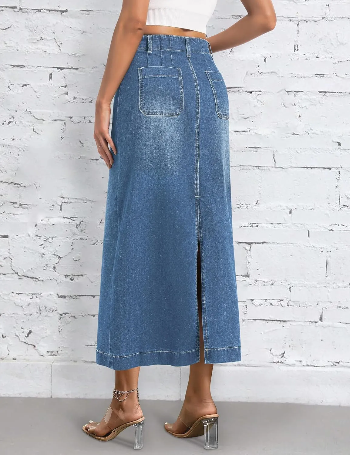 Long Denim Skirt for Women Stretch Maxi Skirt with Back Slit High Waisted Pencil Jean Skirt with Pockets Casual