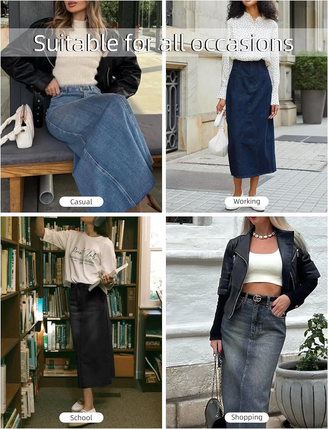 Long Denim Skirt for Women Stretch Maxi Skirt with Back Slit High Waisted Pencil Jean Skirt with Pockets Casual
