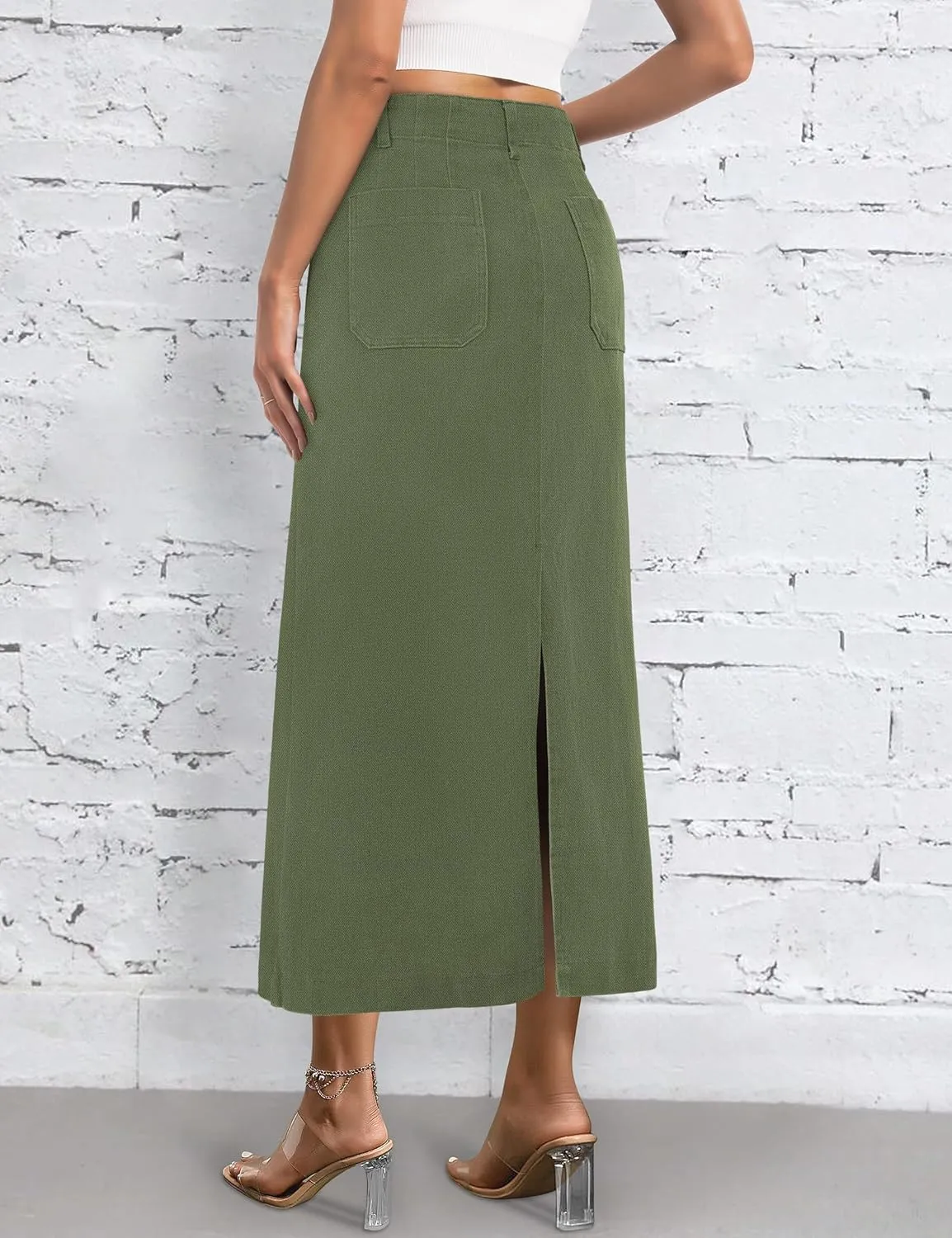 Long Denim Skirt for Women Stretch Maxi Skirt with Back Slit High Waisted Pencil Jean Skirt with Pockets Casual