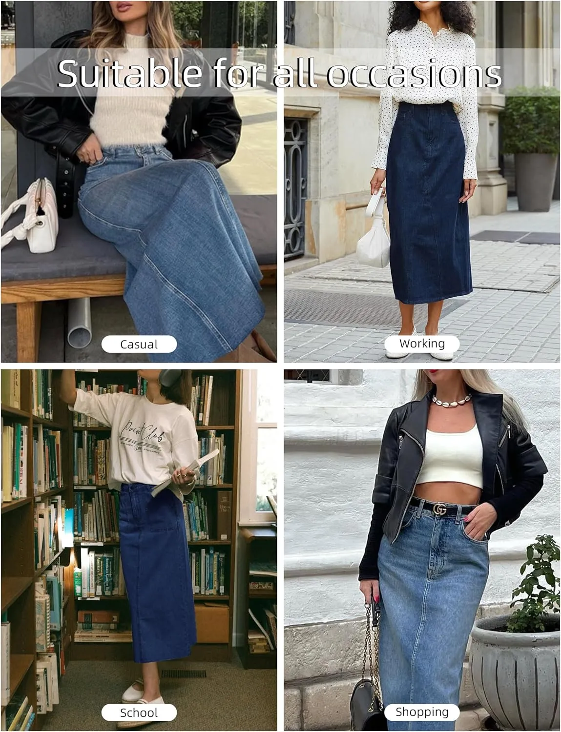 Long Denim Skirt for Women Stretch Maxi Skirt with Back Slit High Waisted Pencil Jean Skirt with Pockets Casual