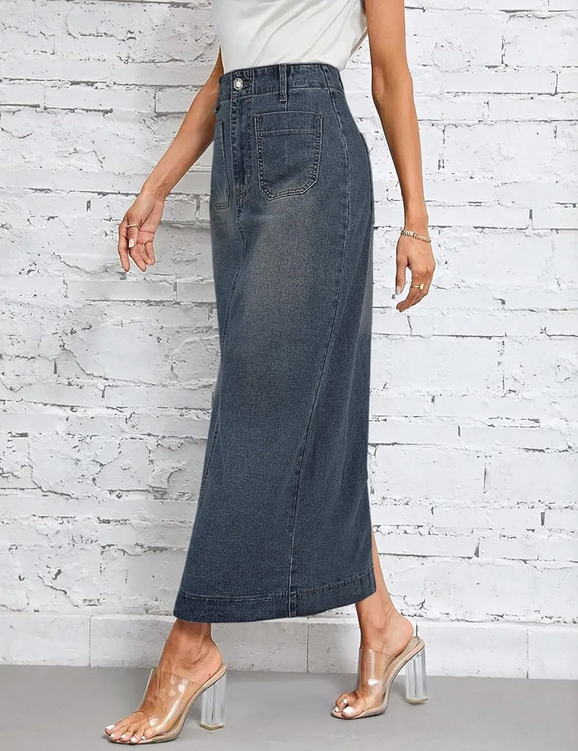 Long Denim Skirt for Women Stretch Maxi Skirt with Back Slit High Waisted Pencil Jean Skirt with Pockets Casual