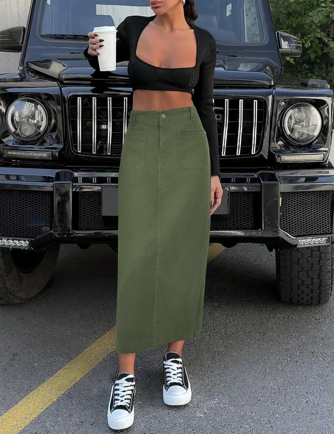Long Denim Skirt for Women Stretch Maxi Skirt with Back Slit High Waisted Pencil Jean Skirt with Pockets Casual