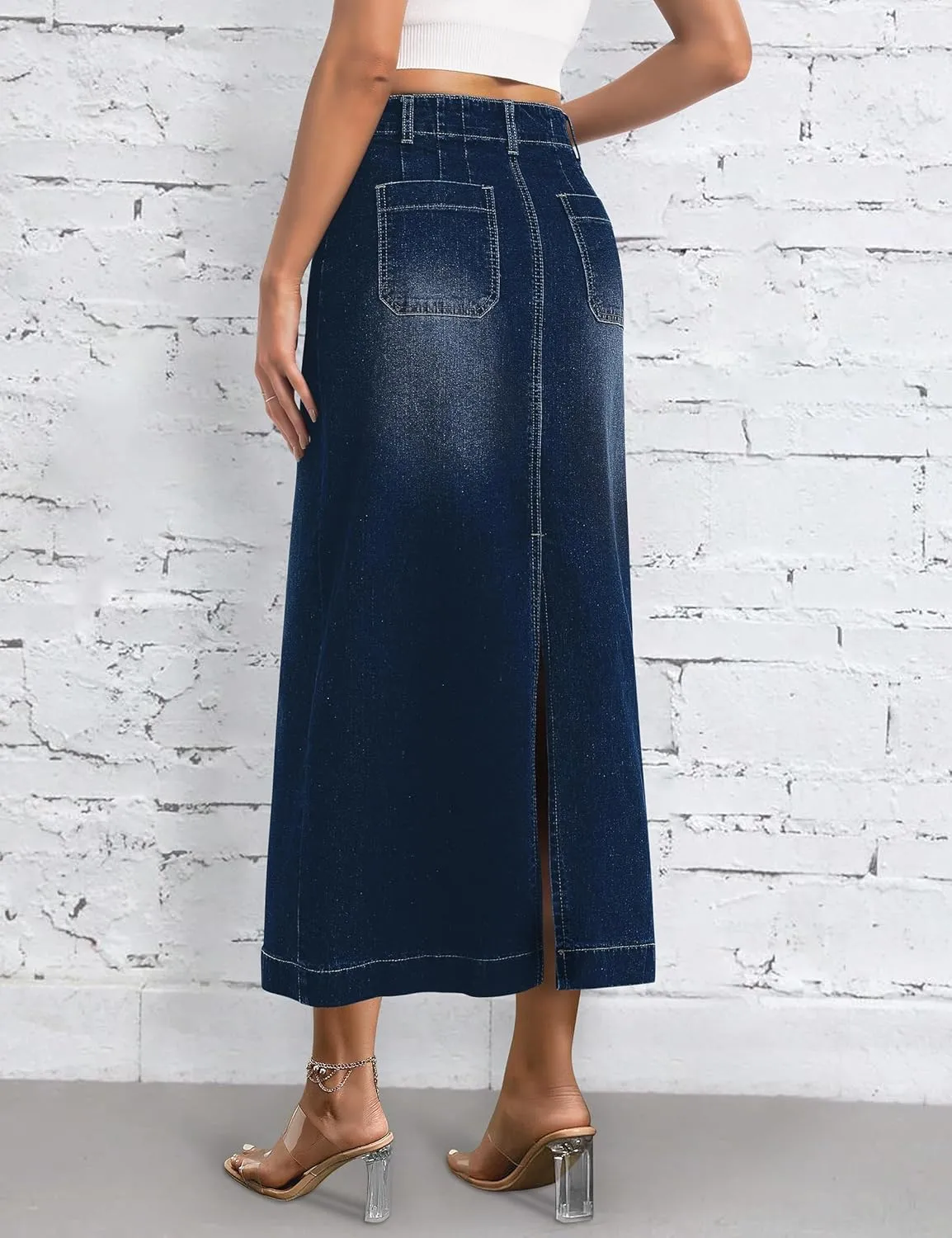 Long Denim Skirt for Women Stretch Maxi Skirt with Back Slit High Waisted Pencil Jean Skirt with Pockets Casual