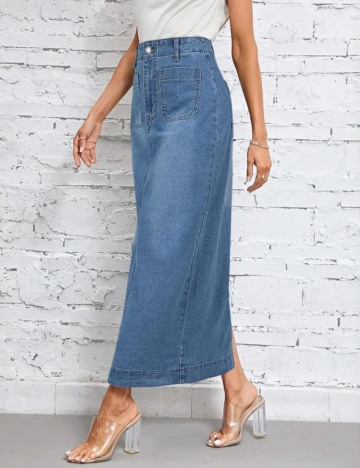 Long Denim Skirt for Women Stretch Maxi Skirt with Back Slit High Waisted Pencil Jean Skirt with Pockets Casual