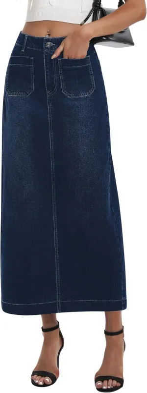 Long Denim Skirt for Women Stretch Maxi Skirt with Back Slit High Waisted Pencil Jean Skirt with Pockets Casual