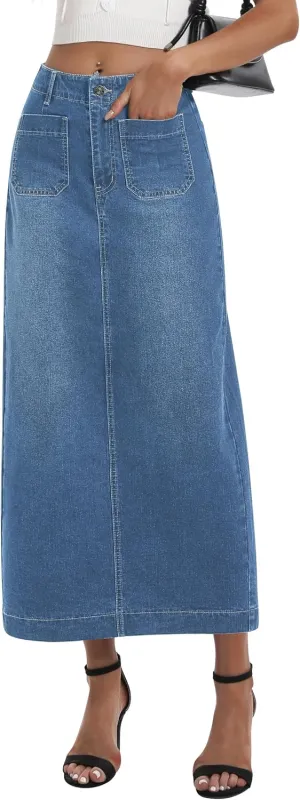 Long Denim Skirt for Women Stretch Maxi Skirt with Back Slit High Waisted Pencil Jean Skirt with Pockets Casual
