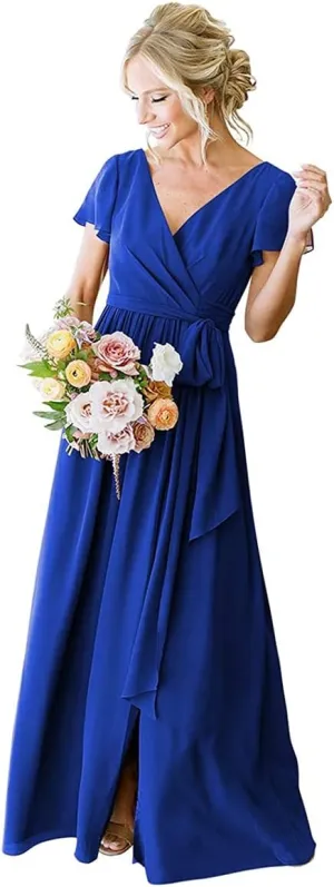 Long Royal Blue Bridesmaid Dress Plus Size Formal Wedding Guest Dresses for Women V-Neck Chiffon Evening Gowns 20W