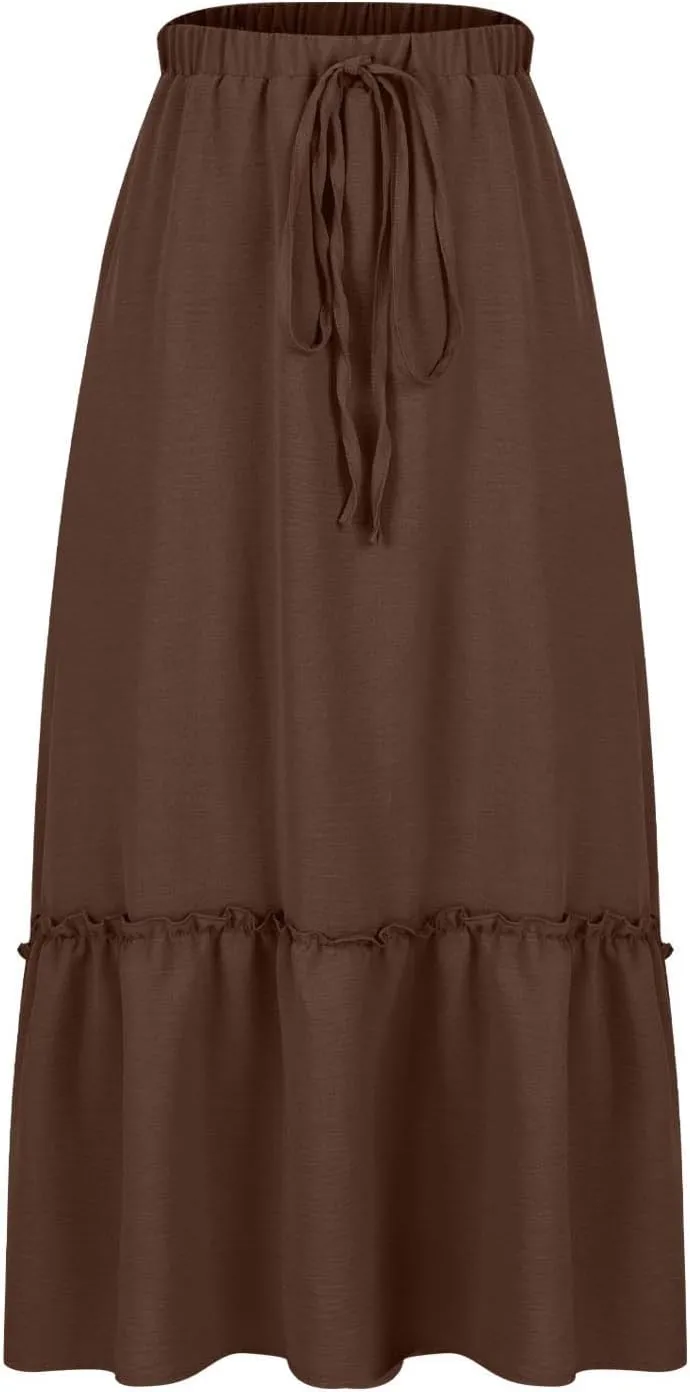 Long Ruffle Skirt for Women Fashion Flowy Boho Maxi Skirts Elastic High Wasit A-Line Pleated Tiered Beach Skirts