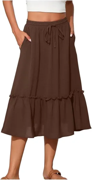 Long Ruffle Skirt for Women Fashion Flowy Boho Maxi Skirts Elastic High Wasit A-Line Pleated Tiered Beach Skirts