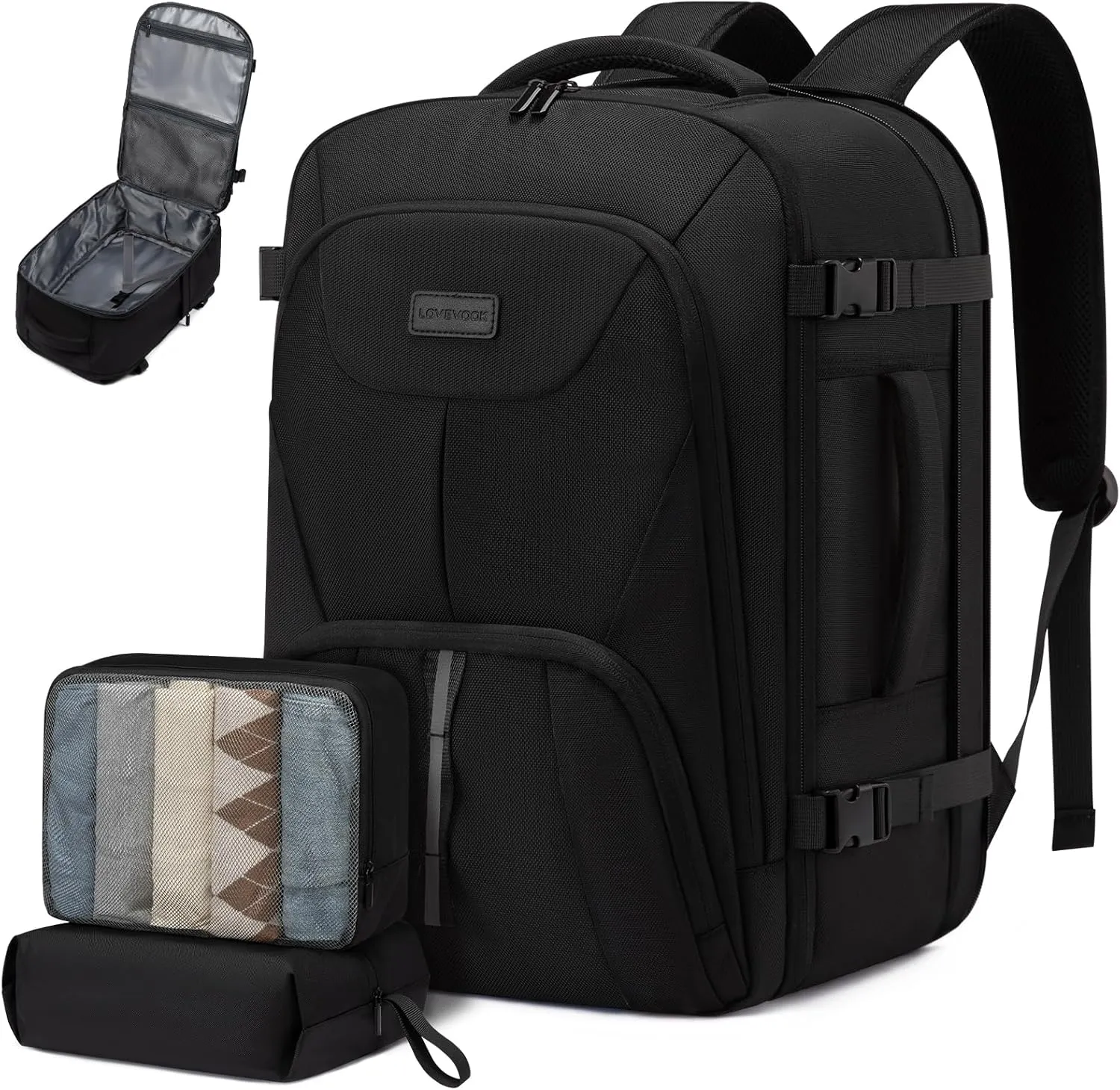 LOVEVOOK Travel Backpack,Expandable 50L Extra Large Travel Backpack for Men & Women,Carry on Backpack for Airplanes with 2 Packing Cubes, TSA Personal Item Travel Bag fits 18 inch Laptop,Black
