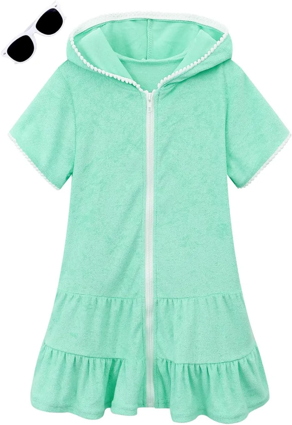 LUCKYGAL Girls Swim Cover Up Kids Swimsuit Coverup Terry Zip-Up Beach Bathing Suit Wraps with Sunglasses