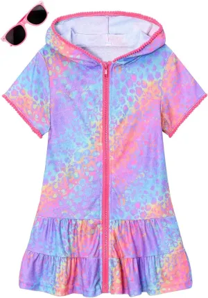 LUCKYGAL Girls Swim Cover Up Kids Swimsuit Coverup Terry Zip-Up Beach Bathing Suit Wraps with Sunglasses