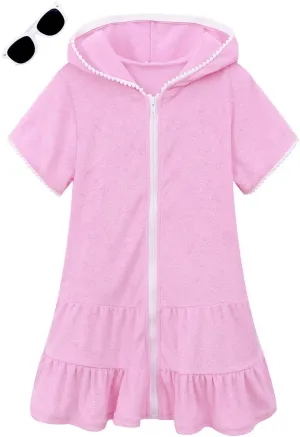LUCKYGAL Girls Swim Cover Up Kids Swimsuit Coverup Terry Zip-Up Beach Bathing Suit Wraps with Sunglasses