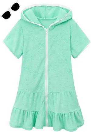 LUCKYGAL Girls Swim Cover Up Kids Swimsuit Coverup Terry Zip-Up Beach Bathing Suit Wraps with Sunglasses