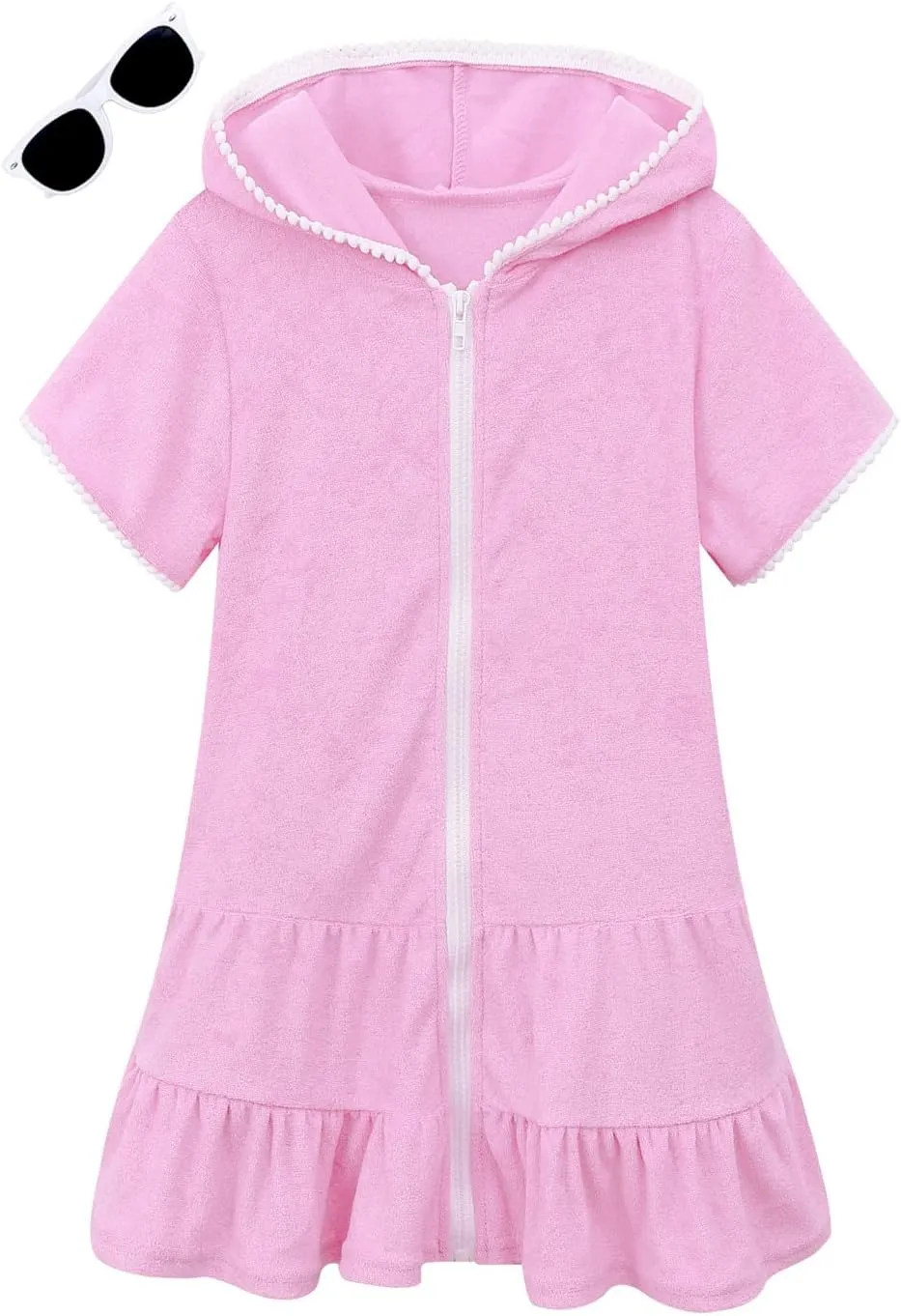 LUCKYGAL Girls Swim Cover Up Kids Swimsuit Coverup Terry Zip-Up Beach Bathing Suit Wraps with Sunglasses